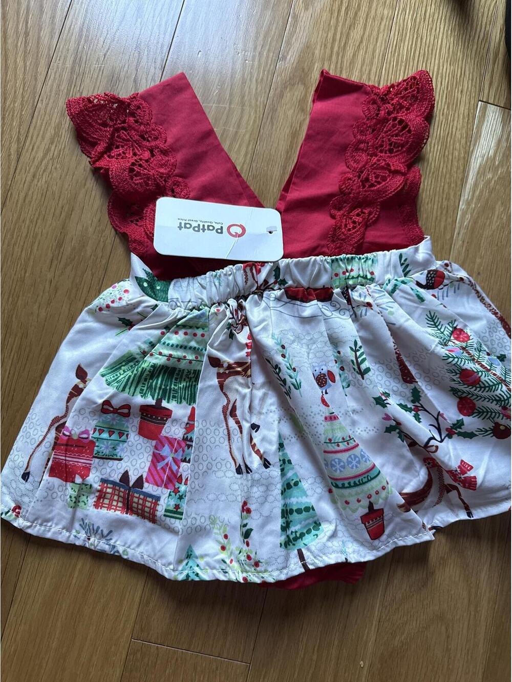 Baby Girl Christmas Print Romper Dress 6-9M Red Lace Shoulder Straps